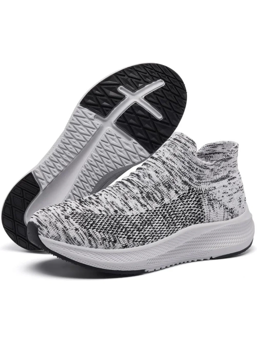 Women's Grey White Comfort Lightweight Sock Mesh Slip on Casual Sneaker Shoes